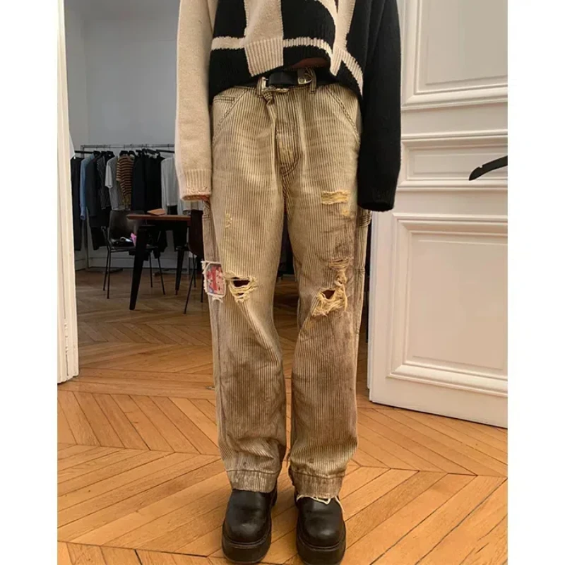 

Y2k High Street ERD Distressed Destroy Cargo Men Trouser Pant Striped Straight Pants Mens Designer Clothes