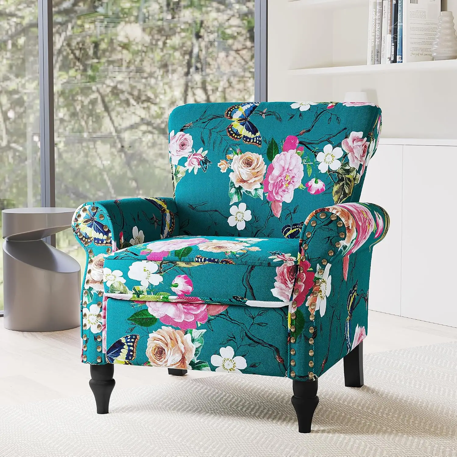 High Back Floral Wingback Armchair with Nailhead Trim & Wood Legs, Comfy Reading Chair for Living Room & Bedroom, Small Space, B