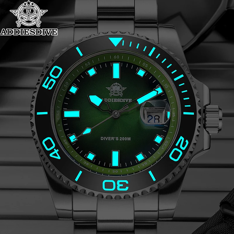 ADDIESDIVE New AD2089 Men's Watch Fashion 41mm Quartz Watch Rotatable Bezel 200m Diver Watch Steel Strap BGW9 Luminous Watches
