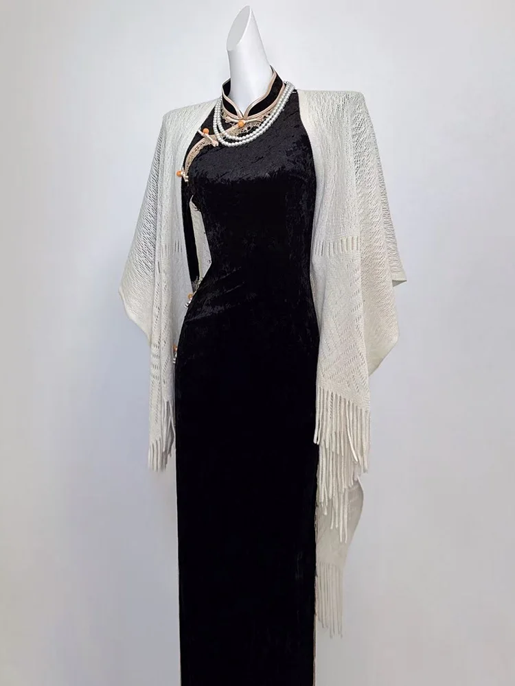 

Ele Bla Velvet Midi Dr with Mid-Sves New Chinese Sle Slimming Autumn Winter Faion for Young Women