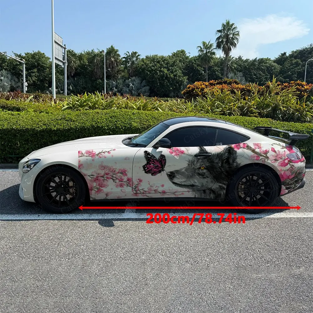2pcs Pink Blossoms With Butterfly Wolf Car Side Wraps, Self-Adhesive PVC Waterproof & Scratch-Resistant Stickers, Car Accessory