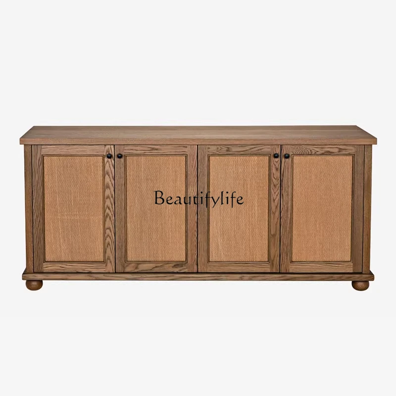 

American retro solid wood dining side cabinet multi-functional storage natural rattan foyer decorative cabinet