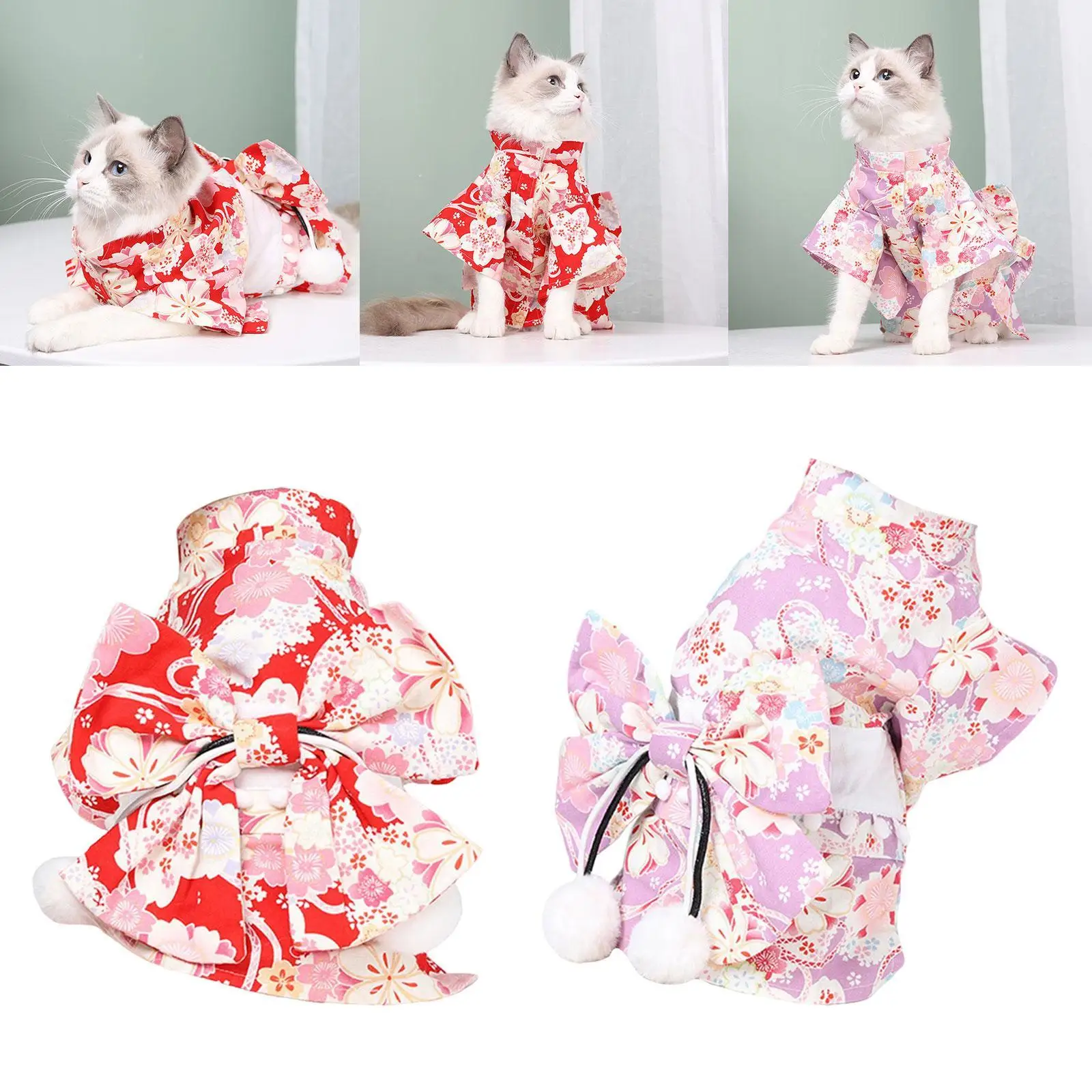 Katzen-Kimono-Kleid, bequem für kleine Mädchen, Hunde, Haustierbekleidung, Blumenmuster, stilvolle Partykleidung mit Fliege, Katzen-Prinzessinnenkleid