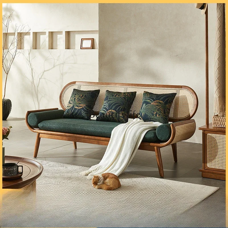 

LJYsolid wood rattan sofa three-person small apartment simple modern casual sofa chair