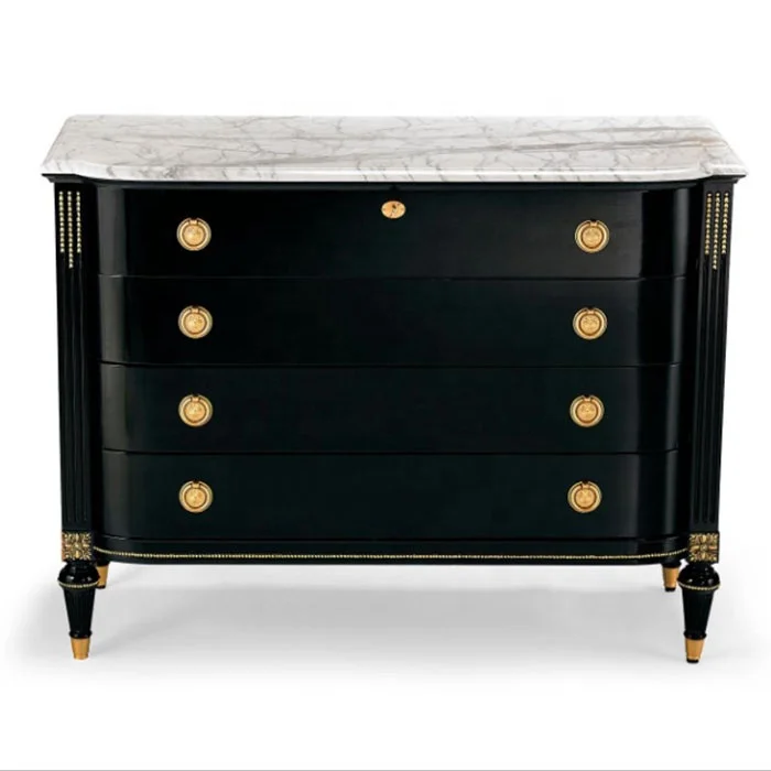 

/Classic Smart Luxury Design Black White Marble Wooden Side Board Cabinet 4 Drawers Chest