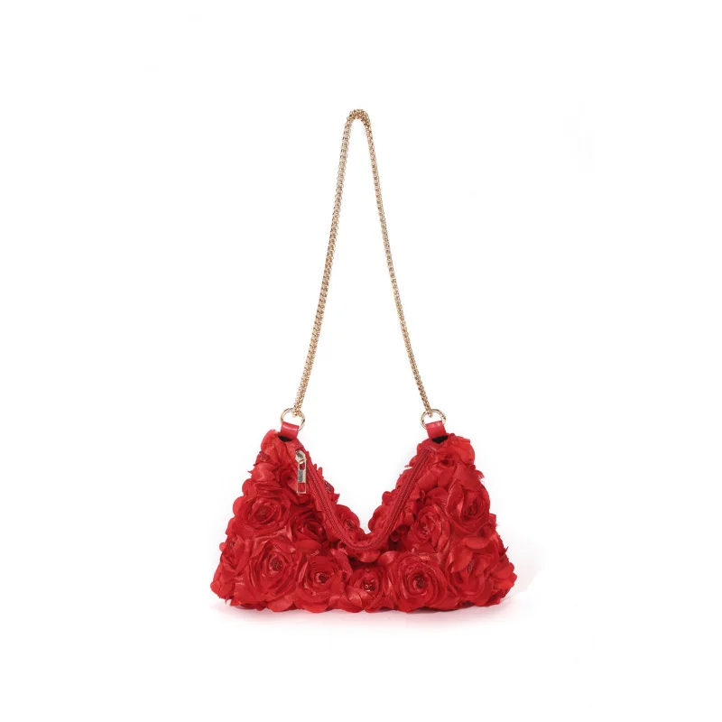 

Unique three dimensional rose flower sequin satin chain zipper underarm crescent-shaped women's evening bag