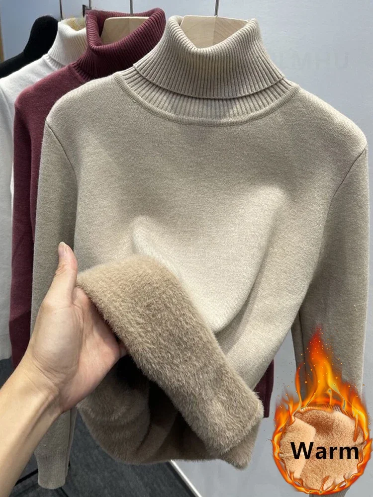 

Thicken Velvet Turtleneck Sweater Women Korean Fashion Lined Warm Sueter Knitted Pullover Slim Top Winter Jersey Knitwear Jumper