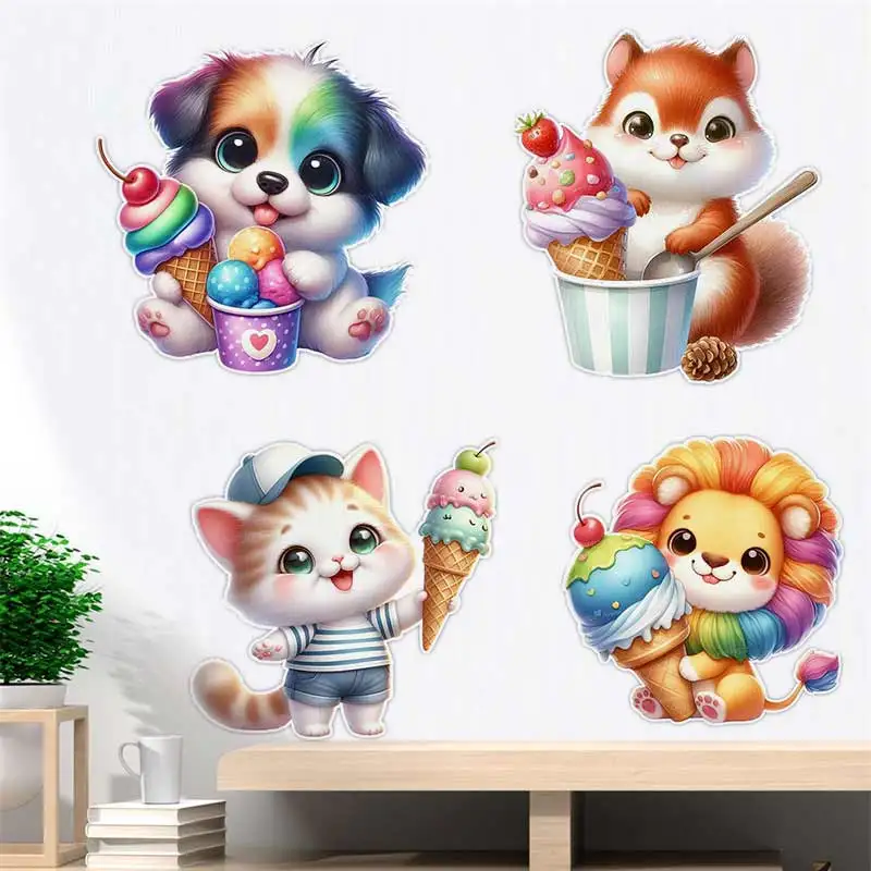 Cute Baby Animals with Ice Cream Wall Stickers Decoration Dining Room Living Room Cabinet Refrigerator Home Decoration M1180