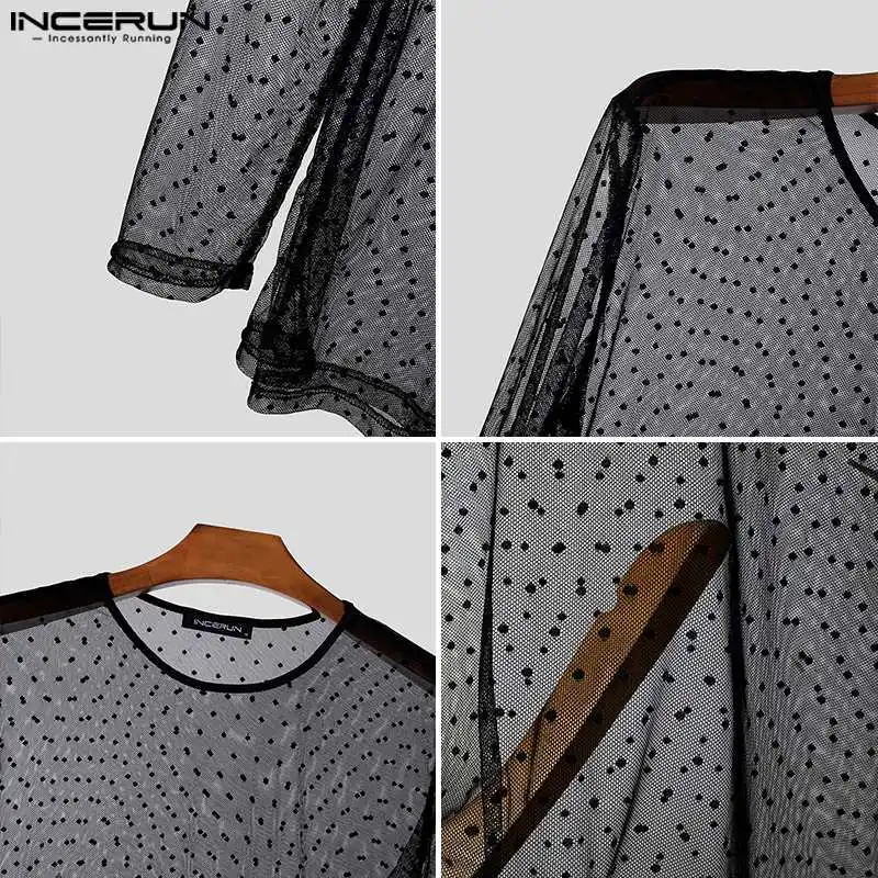 INCERUN Men T Shirt Polka Dot Printing Mesh Transparent O-neck Long Sleeve Men Clothing Streetwear 2024 Fashion Party Camisetas