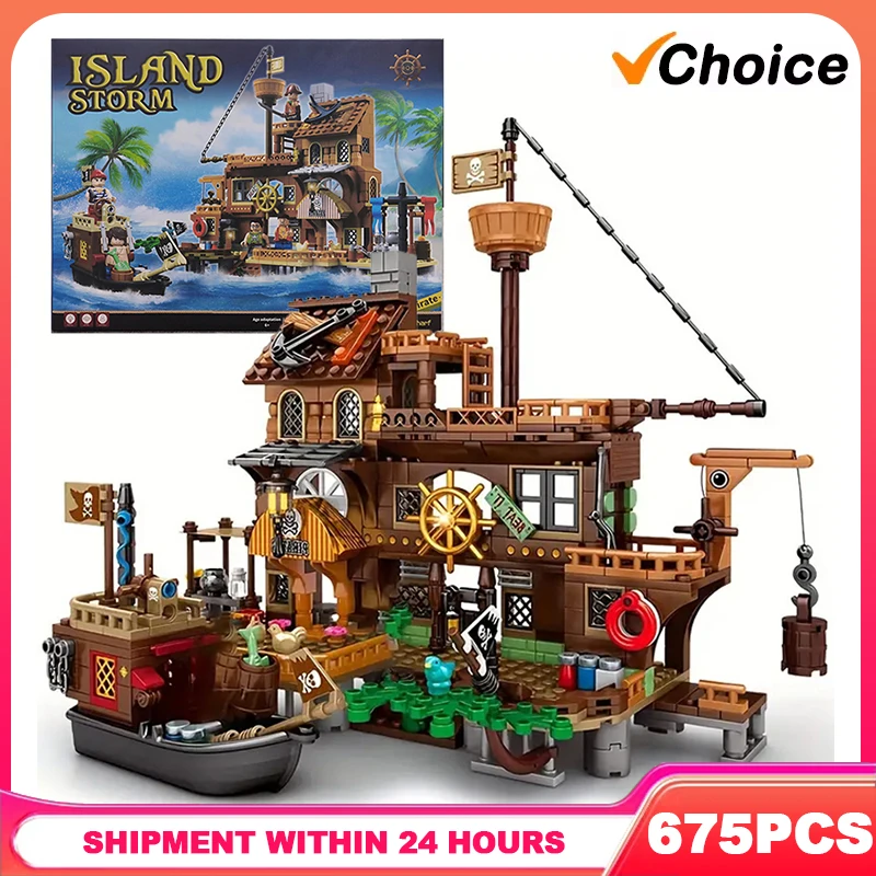 

675 деталей, средневековый пиратский остров, крепость, замок, строительные блоки, приключенческий корабль, модель бревенчатой хижинки, сборные кирпичики, игрушки, подарок для детей