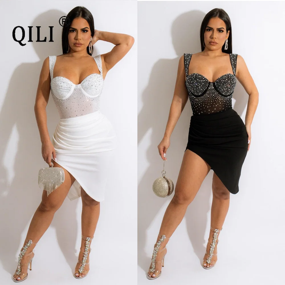 QILI-Hot Diamond Hanging Strap Open Back 2 Piece Set, Nightclub Clothing, Asymmetric, 2 Color