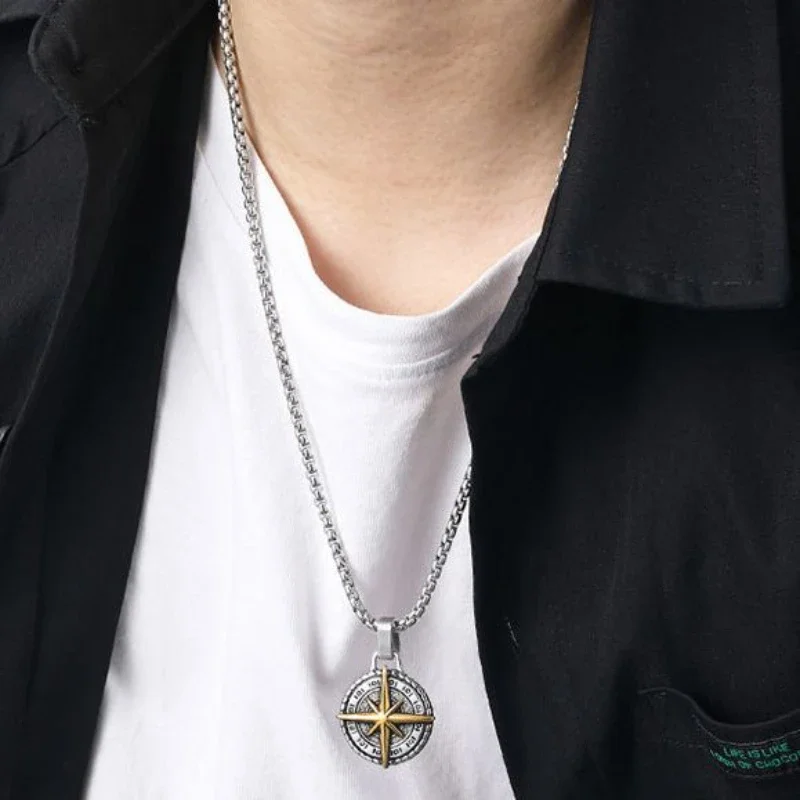 Popular Starlight Round Brand Necklaces for Men Retro Hip Hop Compass Pendant Sweater Chain Punk Jewelry Accessories Gifts