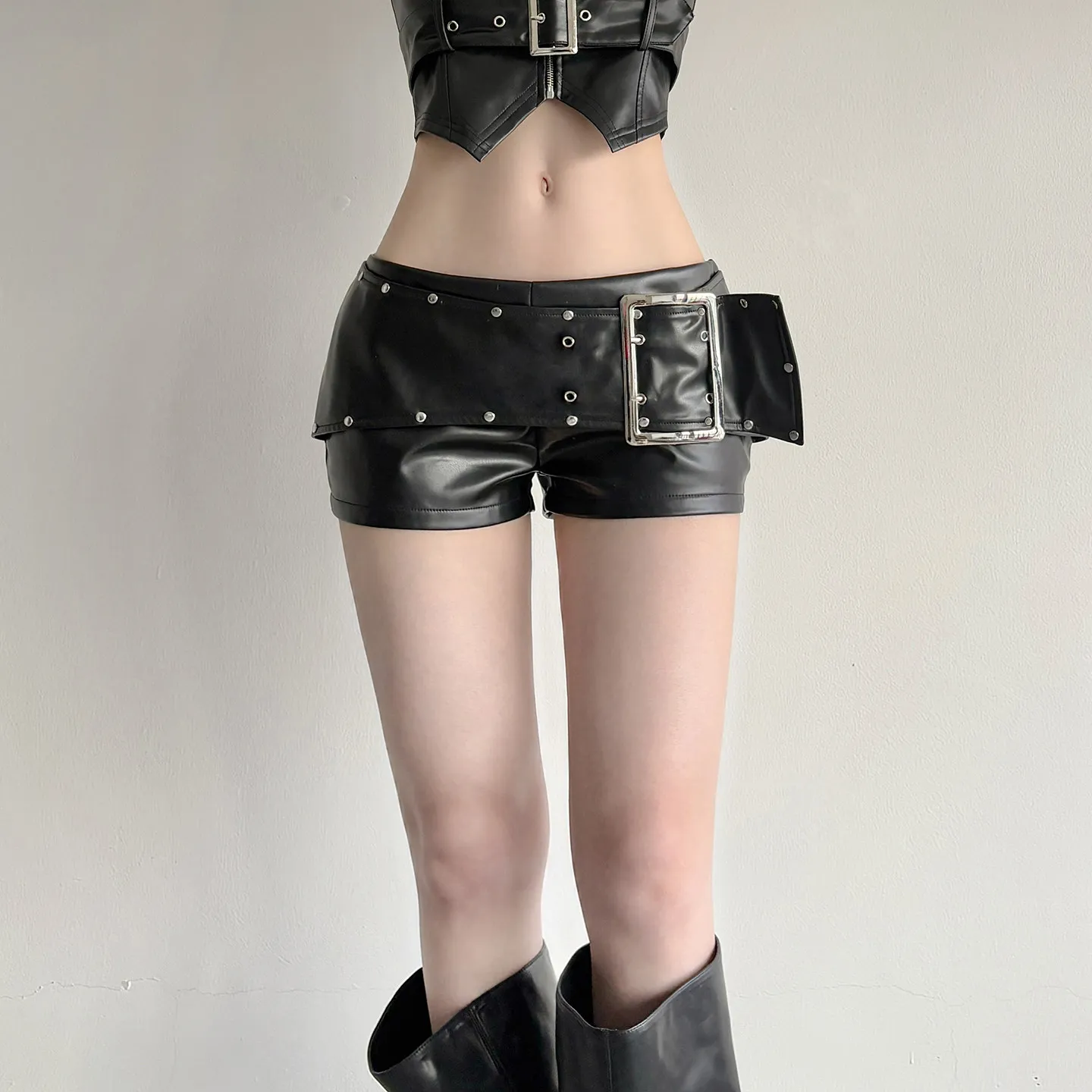Women Black Gothic Emo Y2K Mini Shorts Sexy Wide Belt Leather Short Pants Low Waist Bodycon Shorts Micro Boot Short Summer 2026