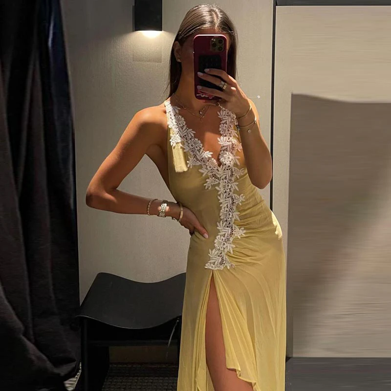 Damen Clubwear Maxikleid mit Spitzenbesatz, rückenfrei, hoher Schlitz, figurbetont, ärmellos, tiefer V-Ausschnitt, langes Kleid für Abendveranstaltungen, Geburtstagsfeiern