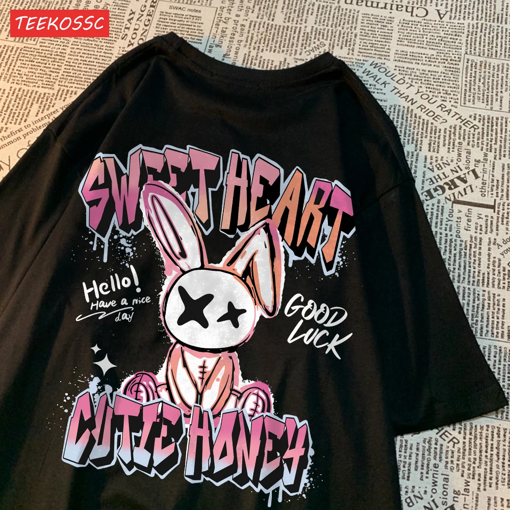 Trend Cotton Women'S T-Shirts Sweet Heart Rabbit Cartoon Letter Prints Short Sleeve O-Neck Soft Breathable Summer Female Clothes