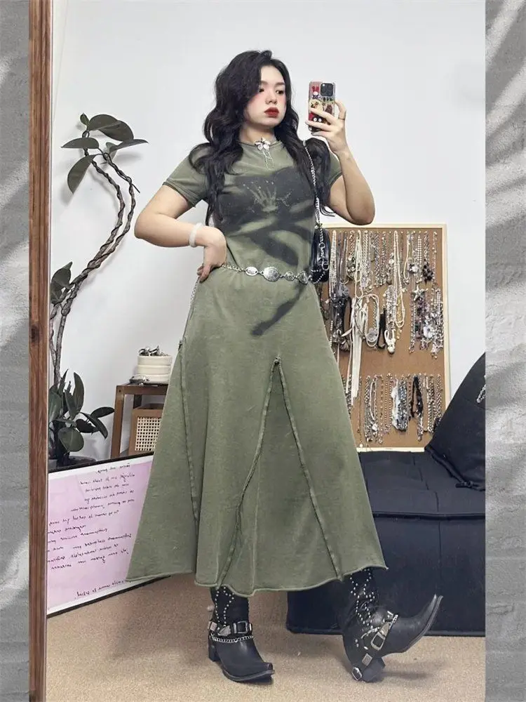 プラスサイズ ヴィンテージ グリーン 花柄ワンピース / レディース 夏新作 スリムウエスト ロングTシャツ / エレガント カジュアル ボヘミアン マキシ丈ワンピース y2k 韓国ファッション