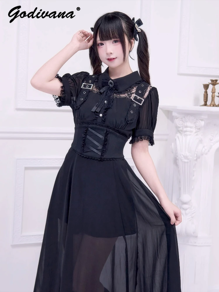 

Original Japanese Mine Mass-produced Women's Dress Set New Summer Female Girls Short Sleeve Slim Dress with Corset