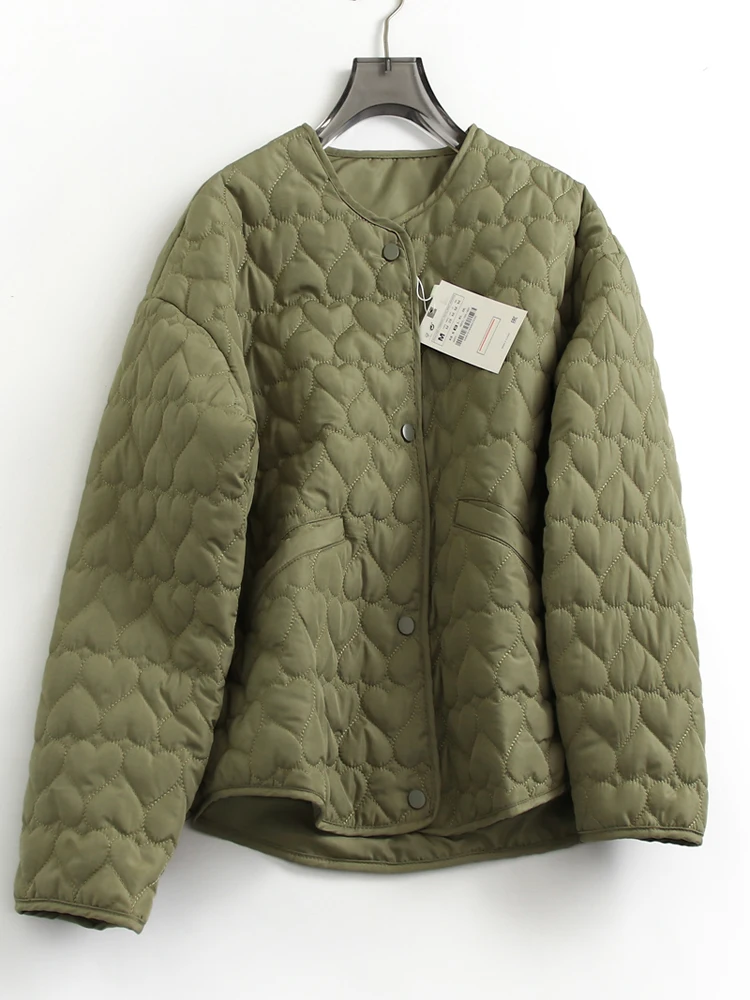 

Casual Quilted Long Sleeve round Neck Women's Cotton Jacket Simple Style Commute Loose Fit Single Button Autumn Winter New Ar...