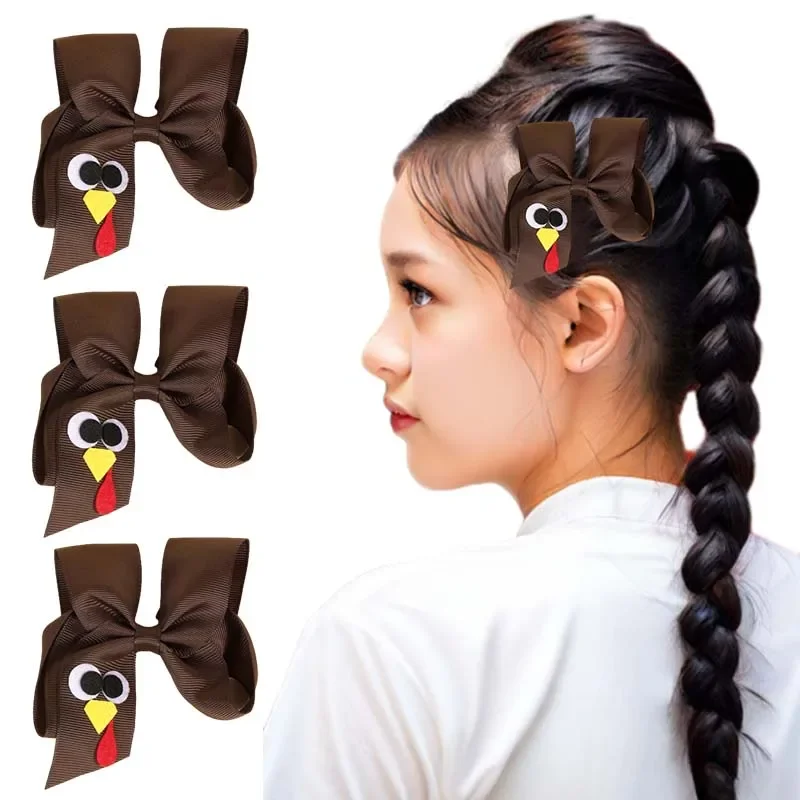 ncmama Thanksgiving Turkey Bow Hair Clip Ribbon Bows Hairpin for Women Girls Solid Handmade Barrettes Fashion Hair Accessories