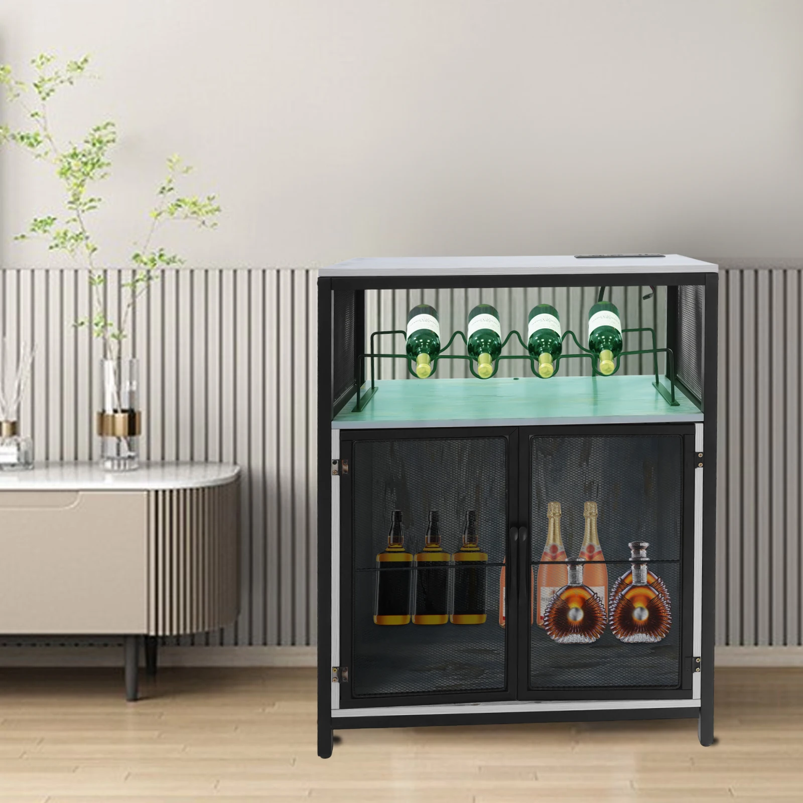 Independent Wine Cabinet With Rgb Lights And Sockets 59.94*34.54*78.99cm Bar Furniture Storage Cabinet for Bar Stand/Coffee Bar/Console Table/Serving Buffet
