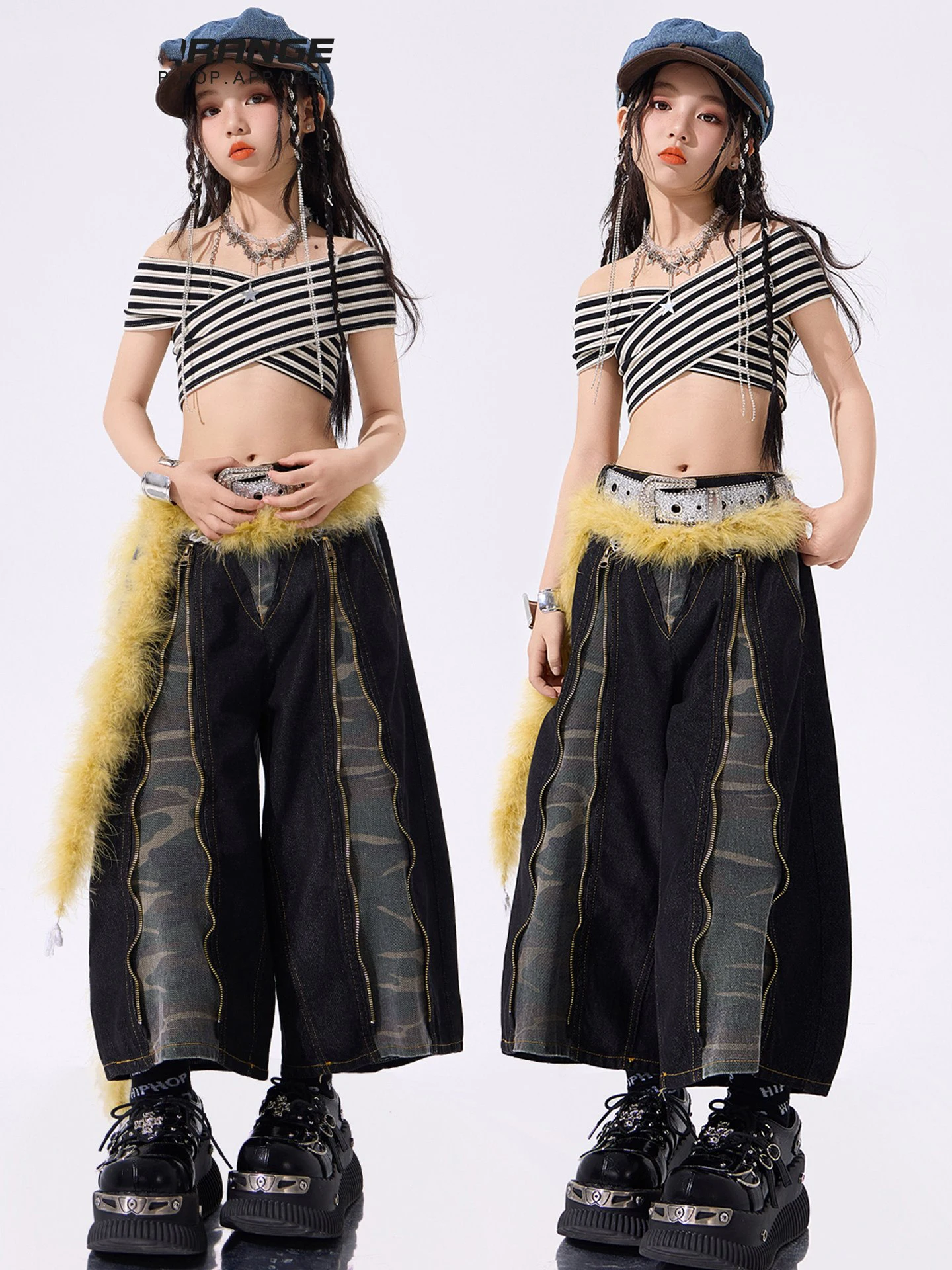

2026 Fashion Girls Jazz Dance Clothes Striped Crop Tops Baggy Pants Kpop Street Wear Summer Hiphop Stage Performance Costume