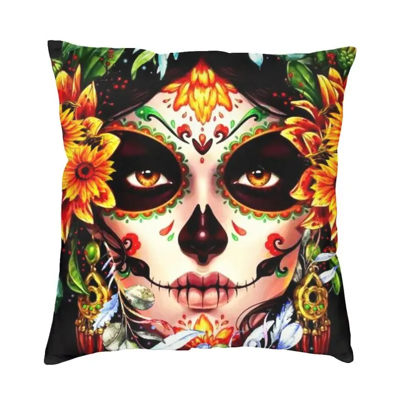 Funda de cojín Catrina con estampado de doble cara, funda de almohada de suelo con calavera de azúcar mexicana para niña, funda de almohada personalizada para sala de estar, decoración del hogar