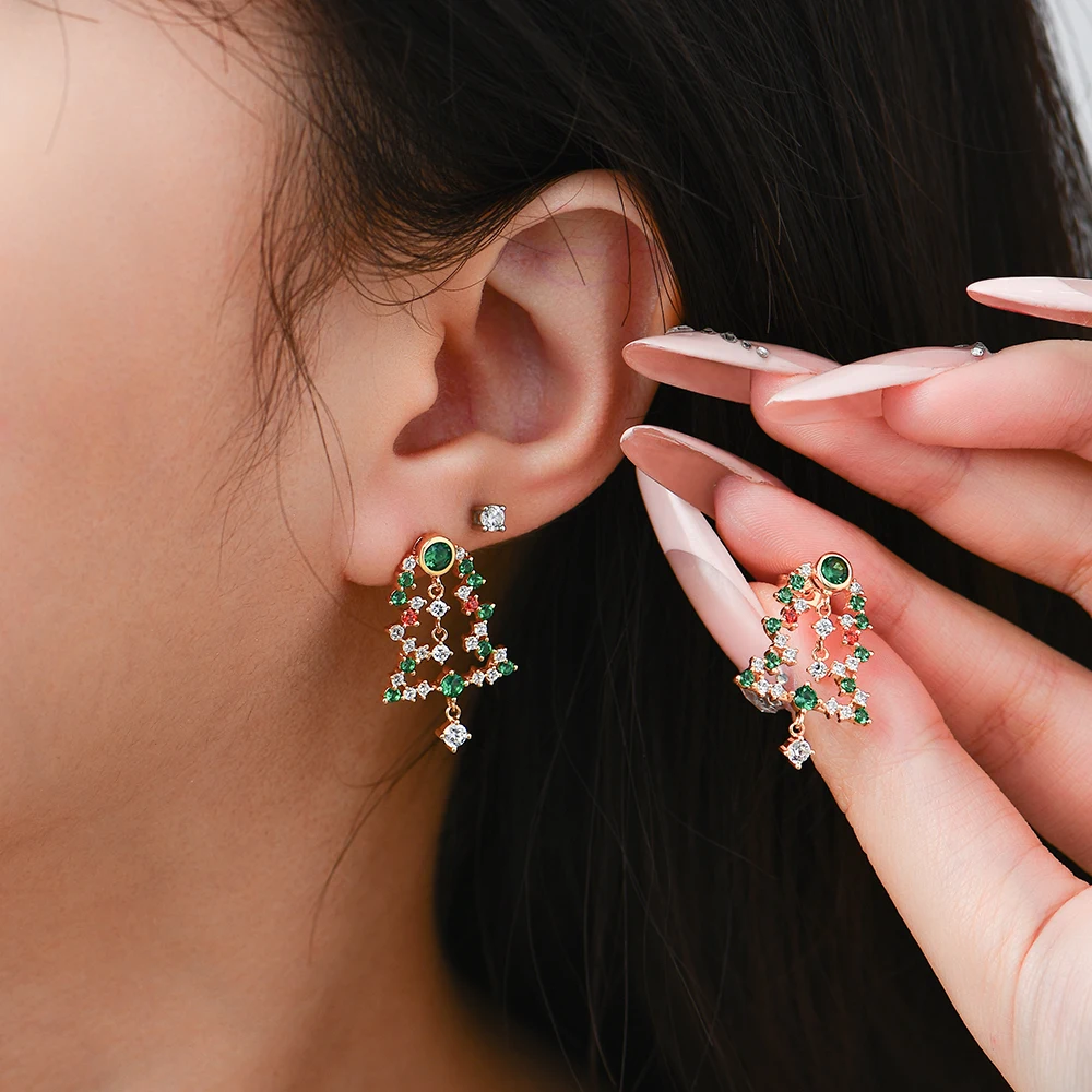 Attagems 2025 Christmas Tree Stud Earrings S925 Sterling Silver 18K Gold Plated Zircon Eardrop For Women Girl Party Fine Jewelry