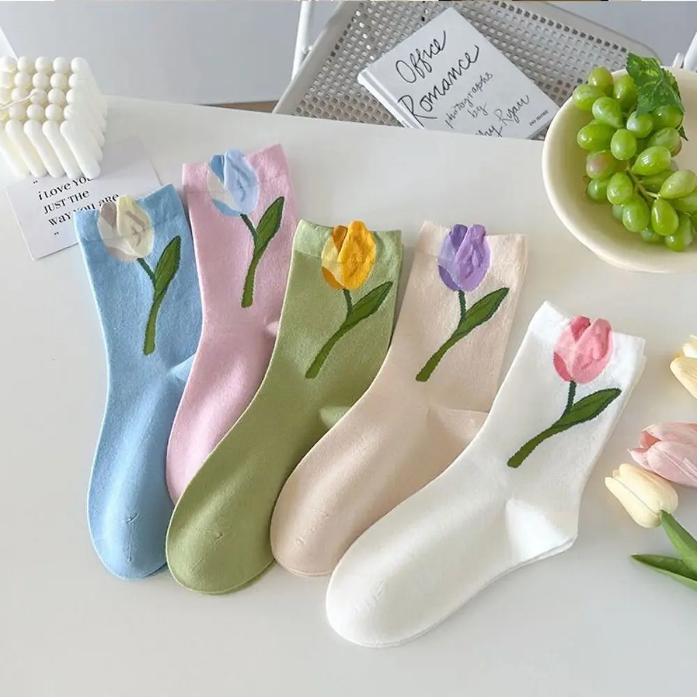 

5Pairs Ins Style Thin Tulip Flower Socks Breathable Sweet Mid Tube Socks Female Hosiery Socks for Women Streetwear