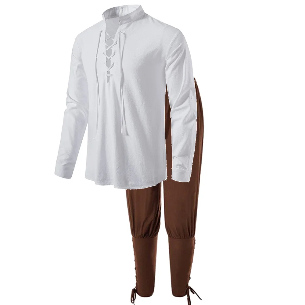 2-teiliges mittelalterliches Ritter-Kostüm-Set für Herren, Renaissance-Cosplay-Piratenhemden, Knöchelband-Hosen für Halloween, Baumwoll-Leinen-Stoff
