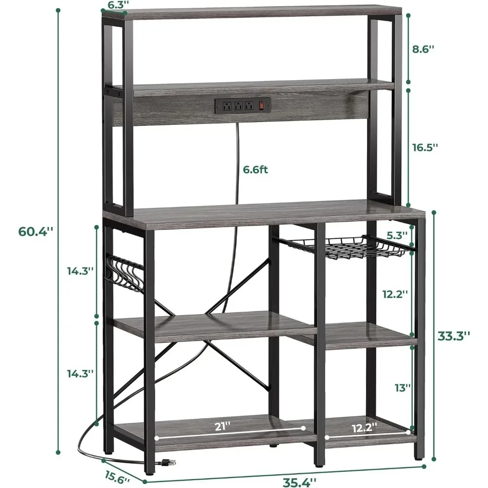 Prateleira de Arrumos Abertos com Cesta Arame, Móveis para Bar, Suporte Café, Bakers Rack, Tomada, Casa Adega, 35,4 Polegadas