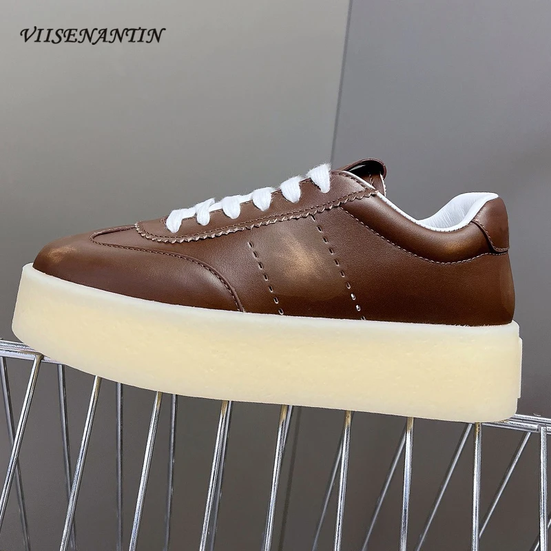 

New Style Thick Bottom Small White Shoes Women Round Toe Lace Up Genuine Leather Do Old Casual Shoes Simple Comfort Flats Shoes