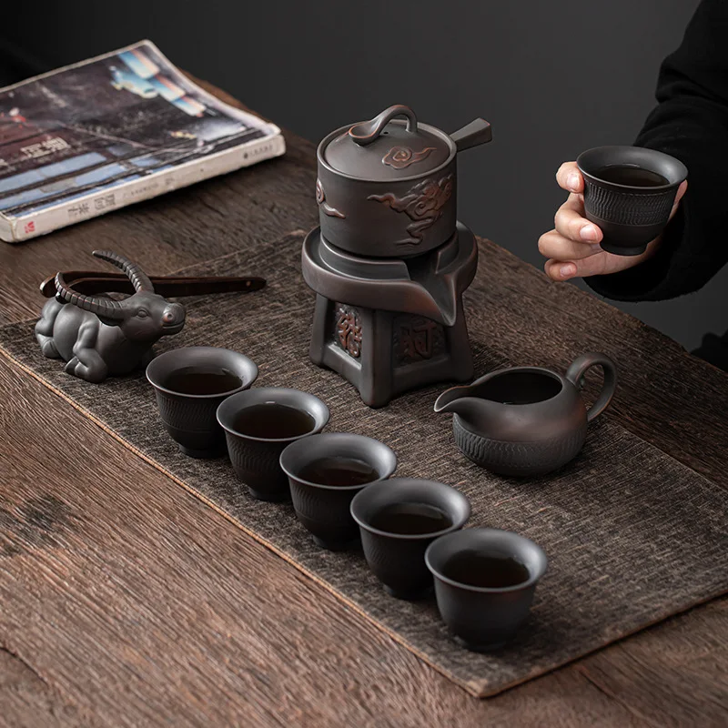 Jianshui Purple Pottery Automatic Tea Set Simple Retro Automatic Stonewashed Lazy Tea Maker Porcelain Kung Fu Tea Set