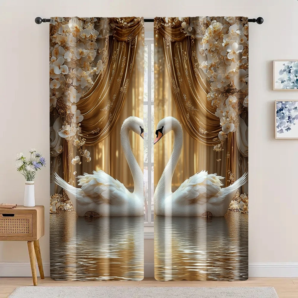 2pc,  Curtain Swan pattern Polyester,Without Electricity summer party decorations Applies to Bedroom living room