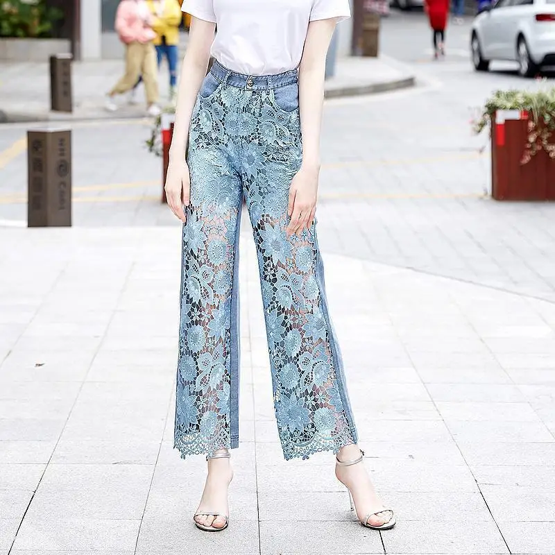 2024Autumn New Wide Leg Jeans Women Embroidered High Waist Mop Pants Loose Slimming and Straight Casual Pants All-Matching