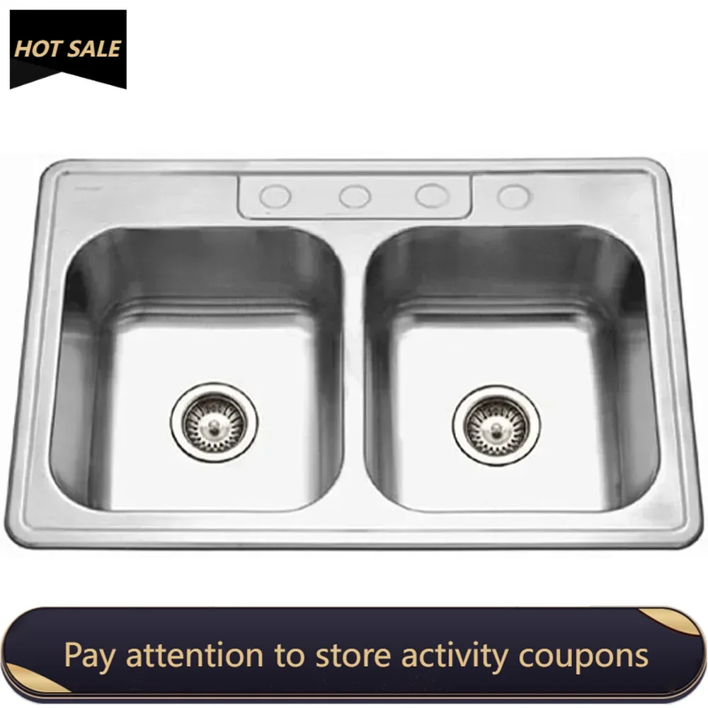 

Glowtone 33 inch Stainless Steel Topmount 4-hole 50/50 Double Bowl 9 inch Deep Kitchen Sink-3322-9BS4-1 Sink, 33" x 22" x 9"