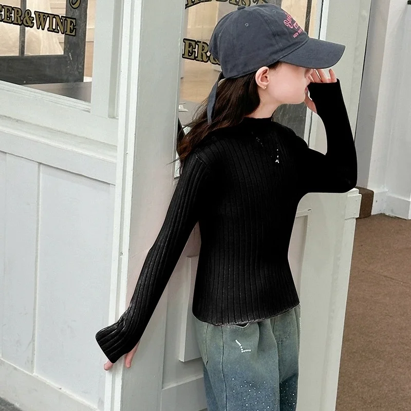 

Детский осенне-зимний свитер для девочек 2026: модная корейская базовая кофта для средних и старших детей, утягивающая фигуру, для ношения как нижний слой