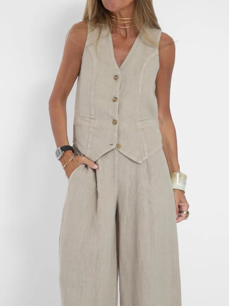 

Breathable Linen Two-piece Commuting Style Vest Wide-leg Pants Set Casual Commuting Office Business Dating Daily 2-pieces Outfit