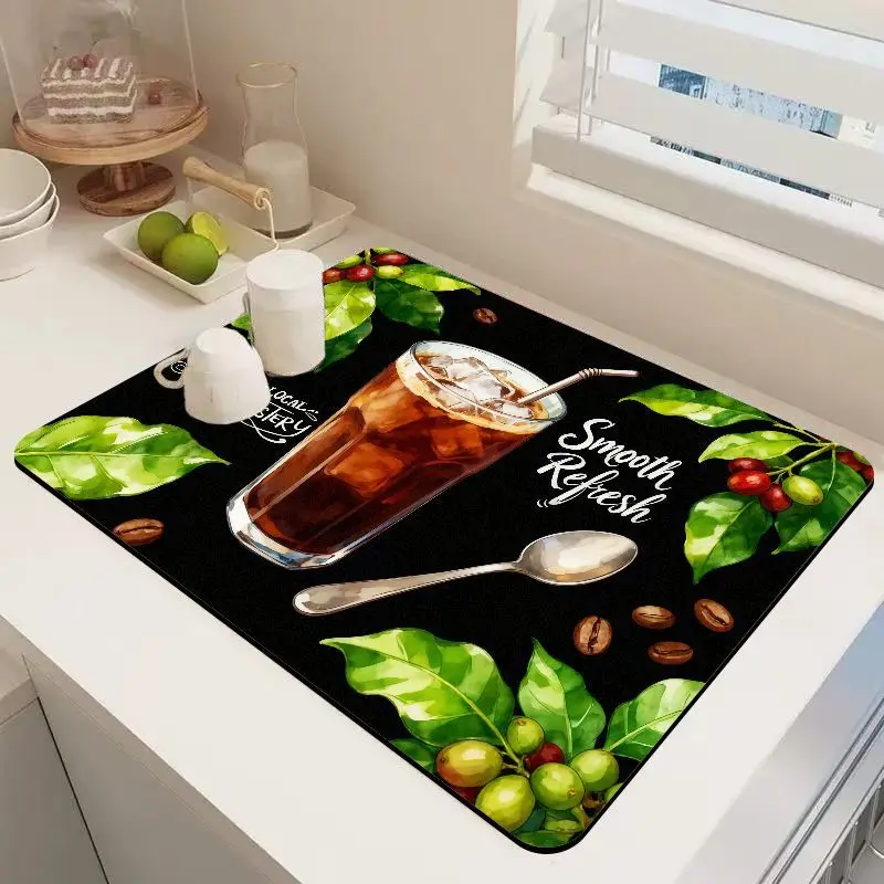 VIKAMA Iced Coffee Print Bar Mat Super Absorbent Non Slip Counter Pad for Espresso Machine Kitchen Drying Mat