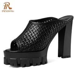 PRXDONG New Brand Genuine Leather Women SHoes Summer High Heels Platform Open Toe Black Beige Dress Party Female Slippers 34-39