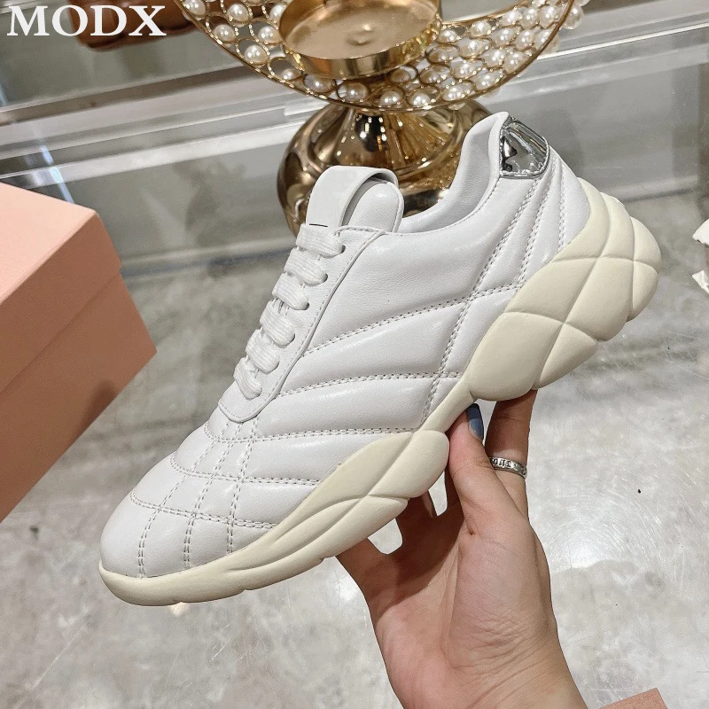 2024 Autumn/Winter Lace-up Casual Sneakers Metallic Silver Genuine Leather Fashion All-match Comfortable Round Toe Ladies Shoes