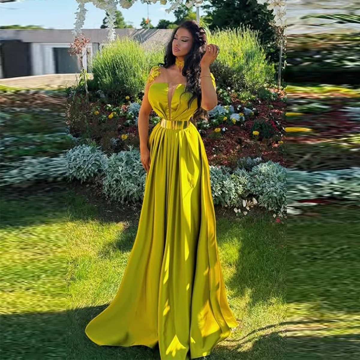 

Olive Green Satin Prom Dress - High Neck Lace Applique Sheer Top A-Line Formal Evening Gown for Women Party Formal Wear