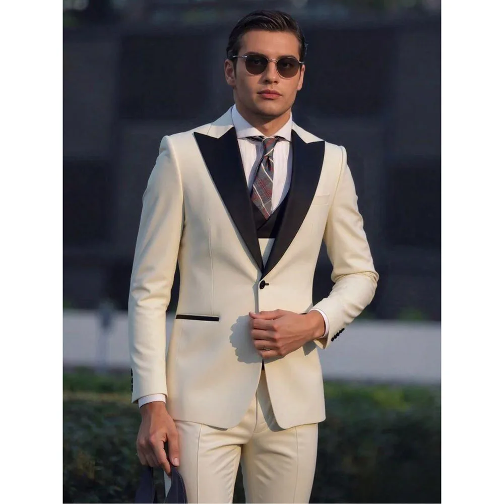 

Popular Stylish Men Suit 3 Pieces Jacket Pants Vest High Quality Peak Lapel Formal Occasion Single Breasted Male Clothing Simple
