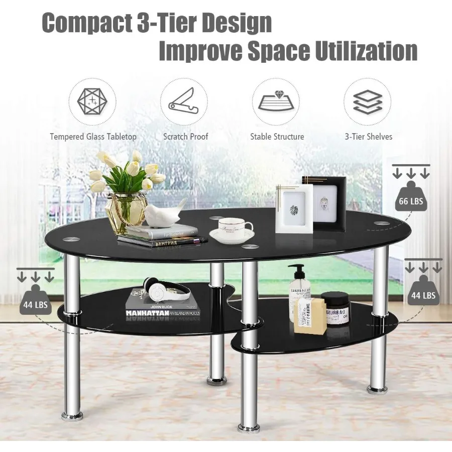 Glass Coffee Table, Modern Style Glass Shelves with Steel Legs for Living Room, Cocktail Tea Table (Black Glass)