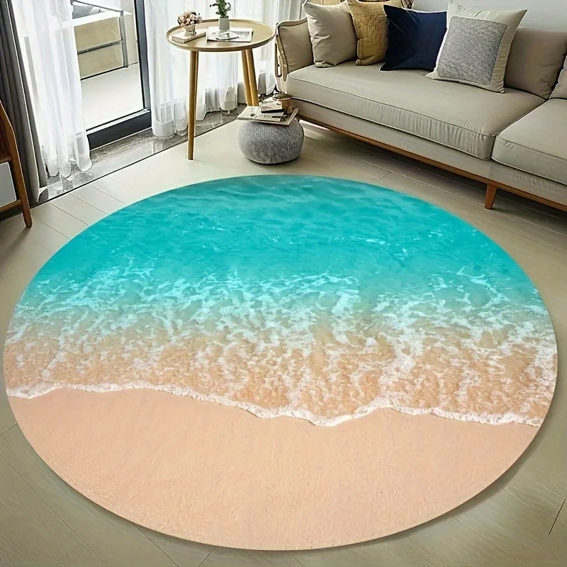 VIKAMA Round Beach Ocean Area Rug Soft Surf Wave Seashore Sand Scenery Print Non‑slip Living‑room Circular Floor Carpet