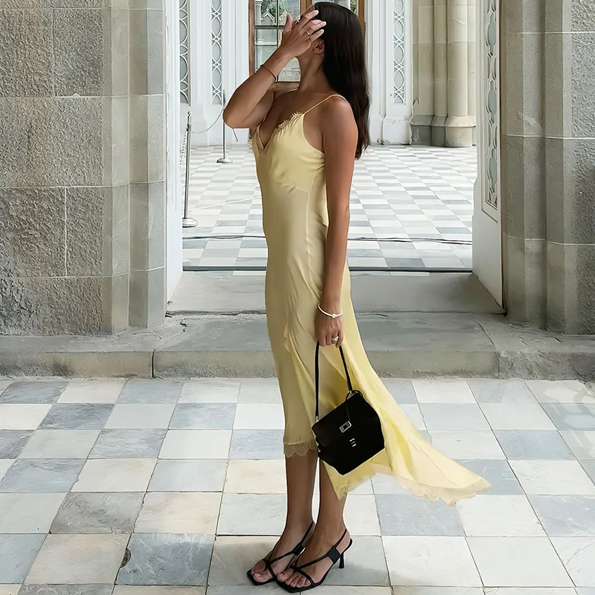 리나드 섹시 하이웨이스트 슬릿 롱 드레스 우아한 핑크 레이스 스파게티 스트랩 드레스 여성 스트리트 시크 새틴 슬림 드레스 2025 가을