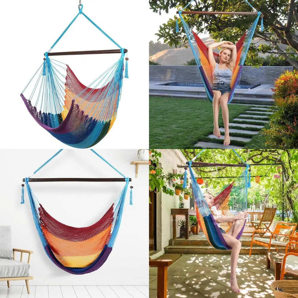 

Polyester Rainbow Hanging Hammock Chair 48 Inches - Large Caribbean Style Swing Seat for Outdoor Relaxation