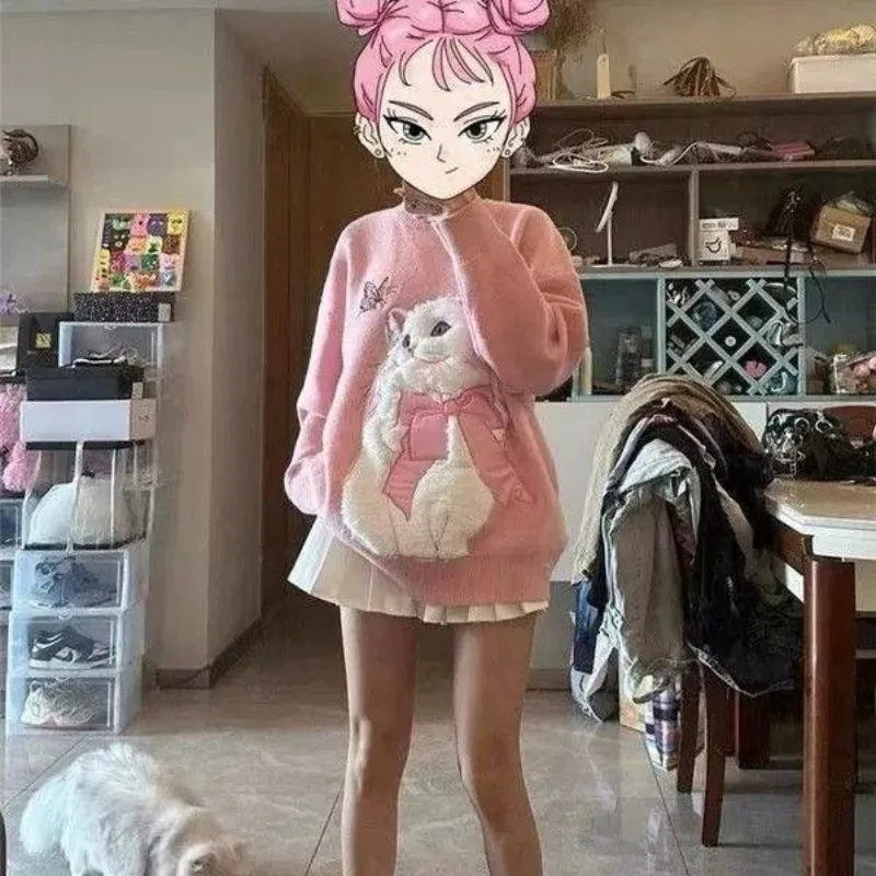 

Women's Trend New Fall/Winter Pure Color Dopamine Wear with Salt Cute Flocking Cat Design Sweet Sister Style Fall/Winter Sweater