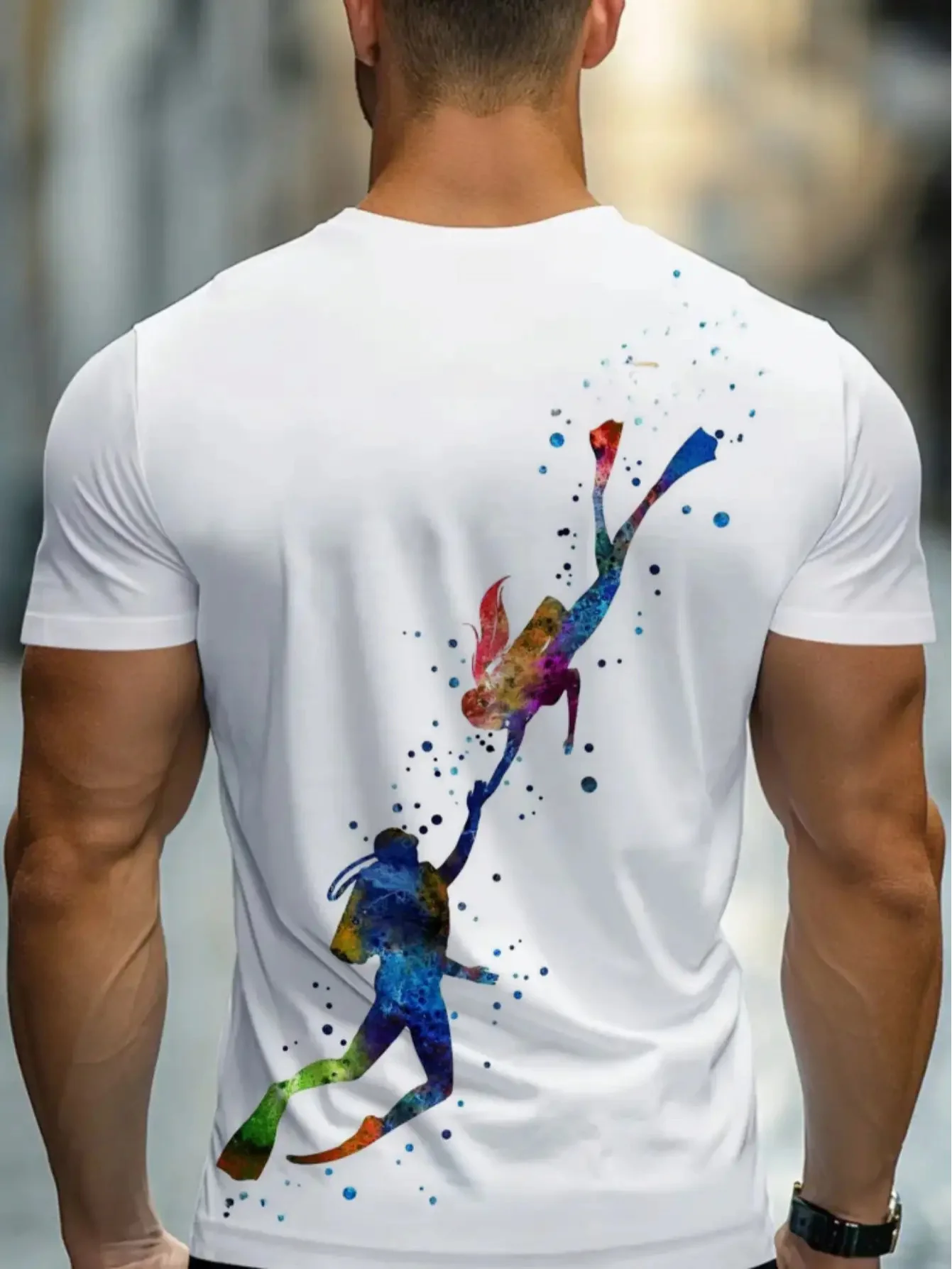 Men White Crew Neck Tee Artistic Color Splash Diver Couple Reaching Hands Scuba Diving Enthusiast Short Sleeve Top