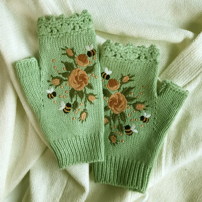 1Pair Women Winter Knitting Fingerless Gloves Floral Bee Embroidery Thumbhole Mittens Soft Warm Half Fingers Gloves Handschoenen