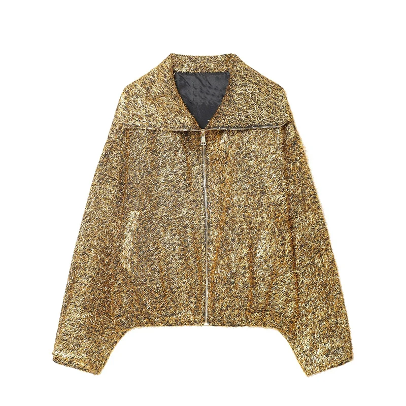 Chaquetas de mujer, abrigos, moda Otoño Invierno, abrigos de manga larga con cuello vuelto de color metálico, prendas de vestir exteriores para mujer, Tops elegantes